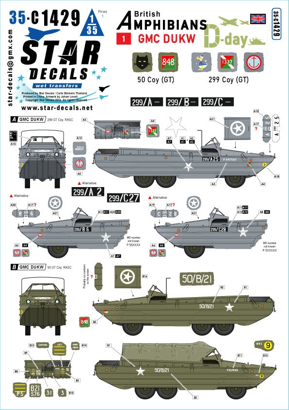 Star Decals 35-C1429 DUKW du Jour J. Amphibiens britanniques n° 1. 50e compagnie (GT) et 299e compagnie (GT) RASC. 1/35
