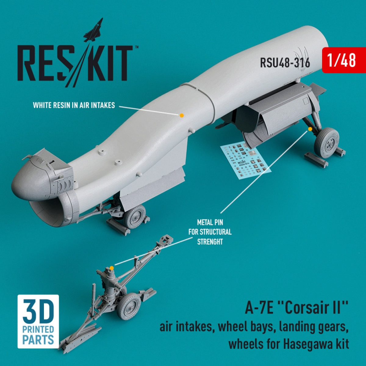 RESKIT RSU48-0316 A-7E « CORSAIR II » : prises d'air, puits de train d'atterrissage, trains d'atterrissage, roues pour maquette Hasegawa (impression 3D) au 1/48
