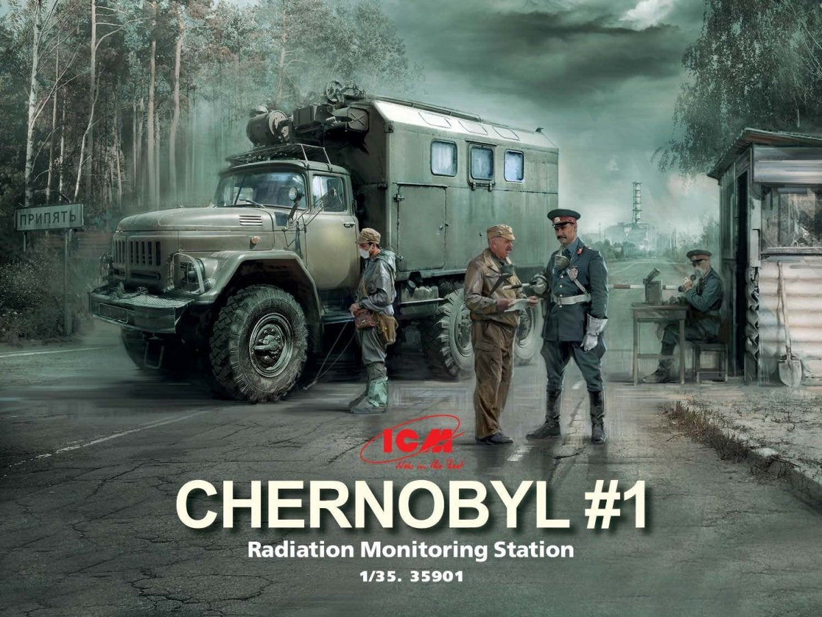 ICM 35901 Tchernobyl n° 1 Station de surveillance des radiations (camion ZiL-131KShM, 5 figurines et socle de diorama avec arrière-plan) 1/35 