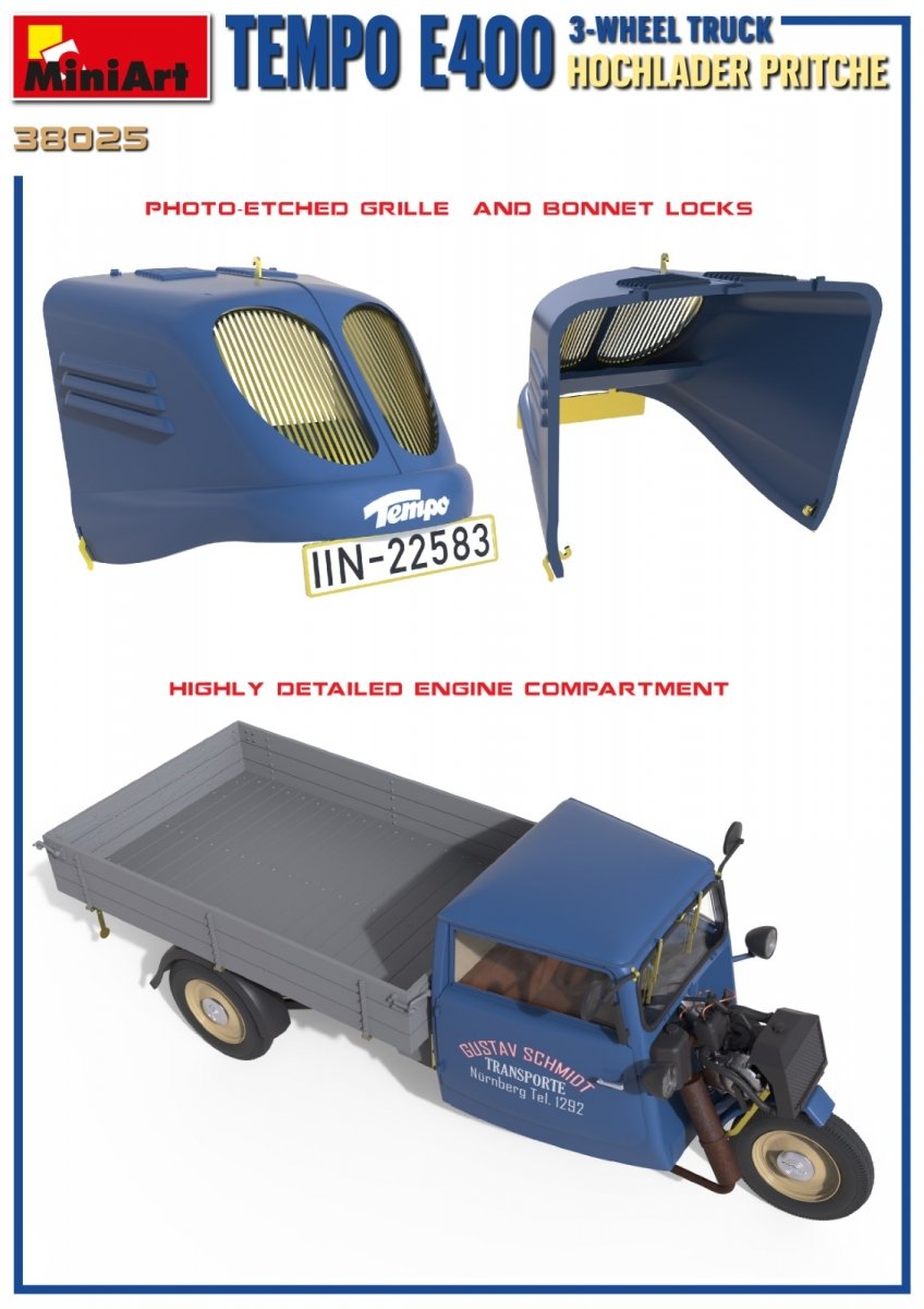 MiniArt 38025 TEMPO E400 HOCHLADER PRITSCHE CAMION 3 ROUES 1/35 – Bild 5