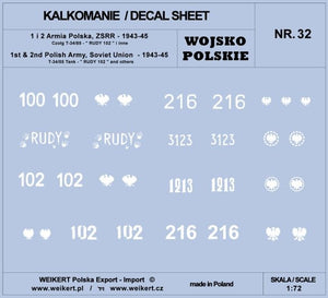 Décalcomanies Weikert DEC232 Armée polonaise - Chars T-34/85, Rudy 102 et autres / 1re et 2e armées polonaises 1/72