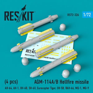 RESKIT RS72-0326 MISSILES HELLFIRE AGM-114A/B (4 PIÈCES) 1/72