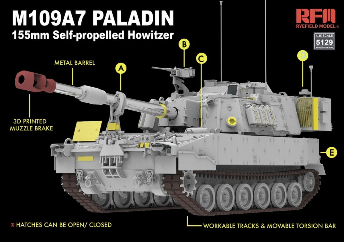 Maquette Rye Field 5129 M109A7 PALADIN Obusier automoteur de 155 mm avec chenilles fonctionnelles, échelle 1/35 – immagine 2