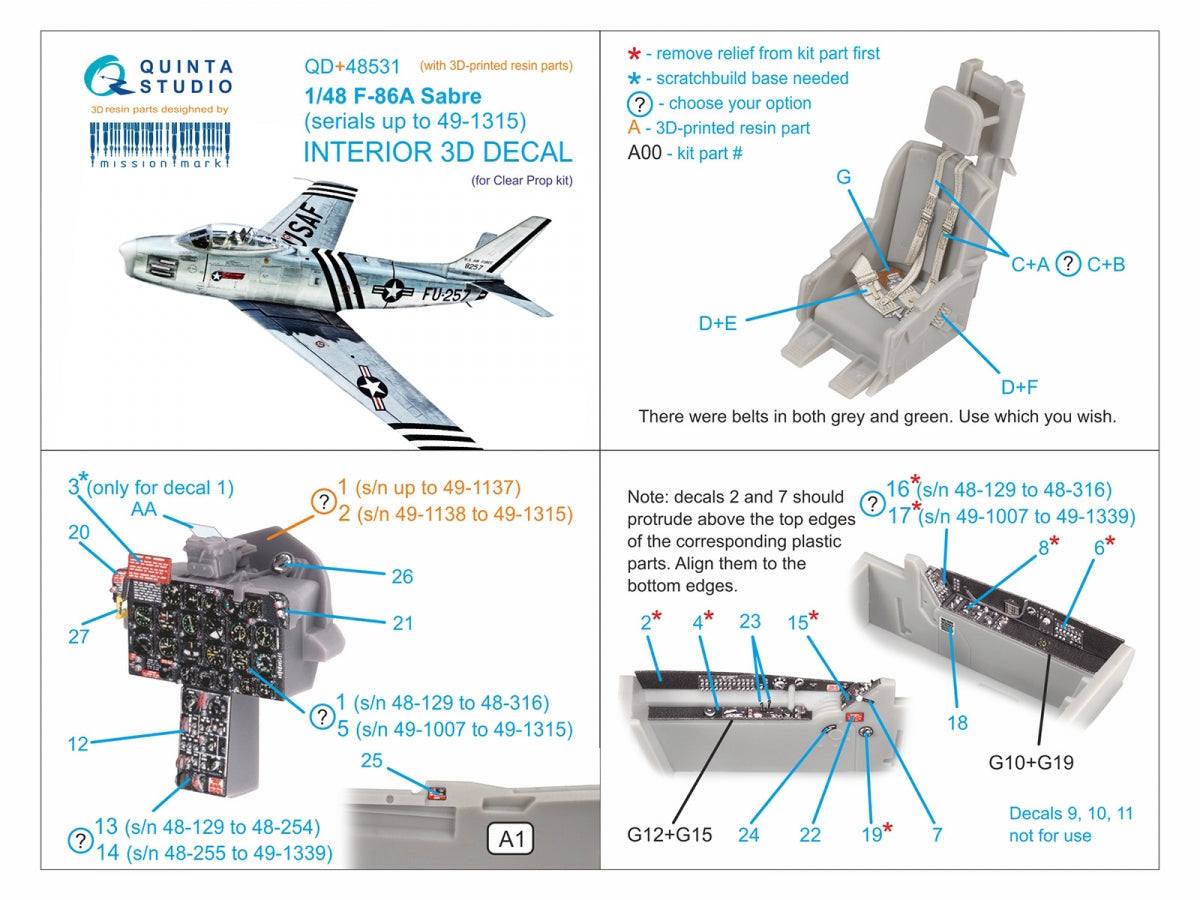 Quinta Studio QD+48531 F-86A Saber Intérieur imprimé en 3D et coloré sur papier décalcomanie (hélice transparente) (avec pièces en résine imprimées en 3D) 1/48 – immagine 3