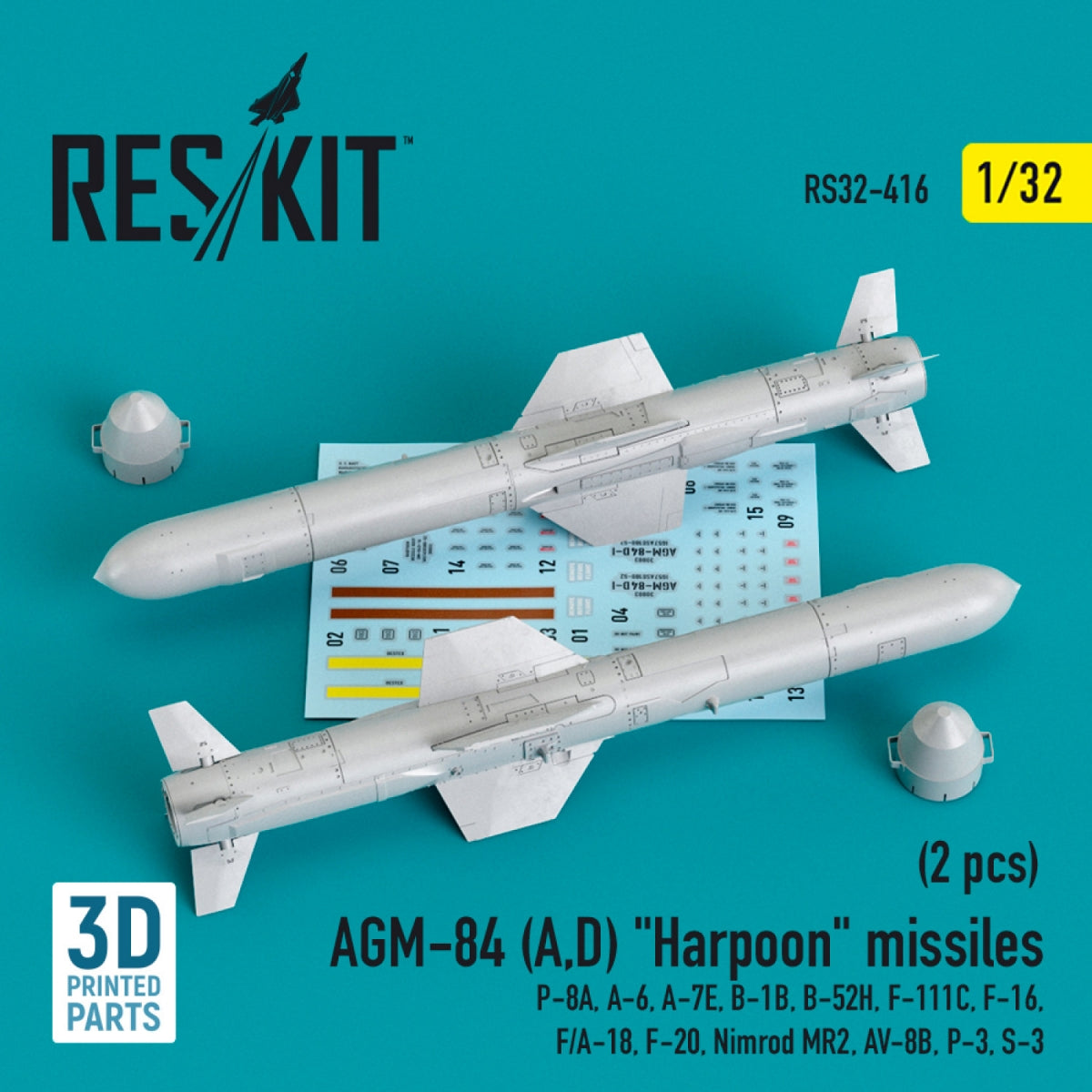 RESKIT RS32-0416 AGM-84 (A,D) MISSILES « HARPOON » (2 PIÈCES) (IMPRIMÉS EN 3D) 1/32