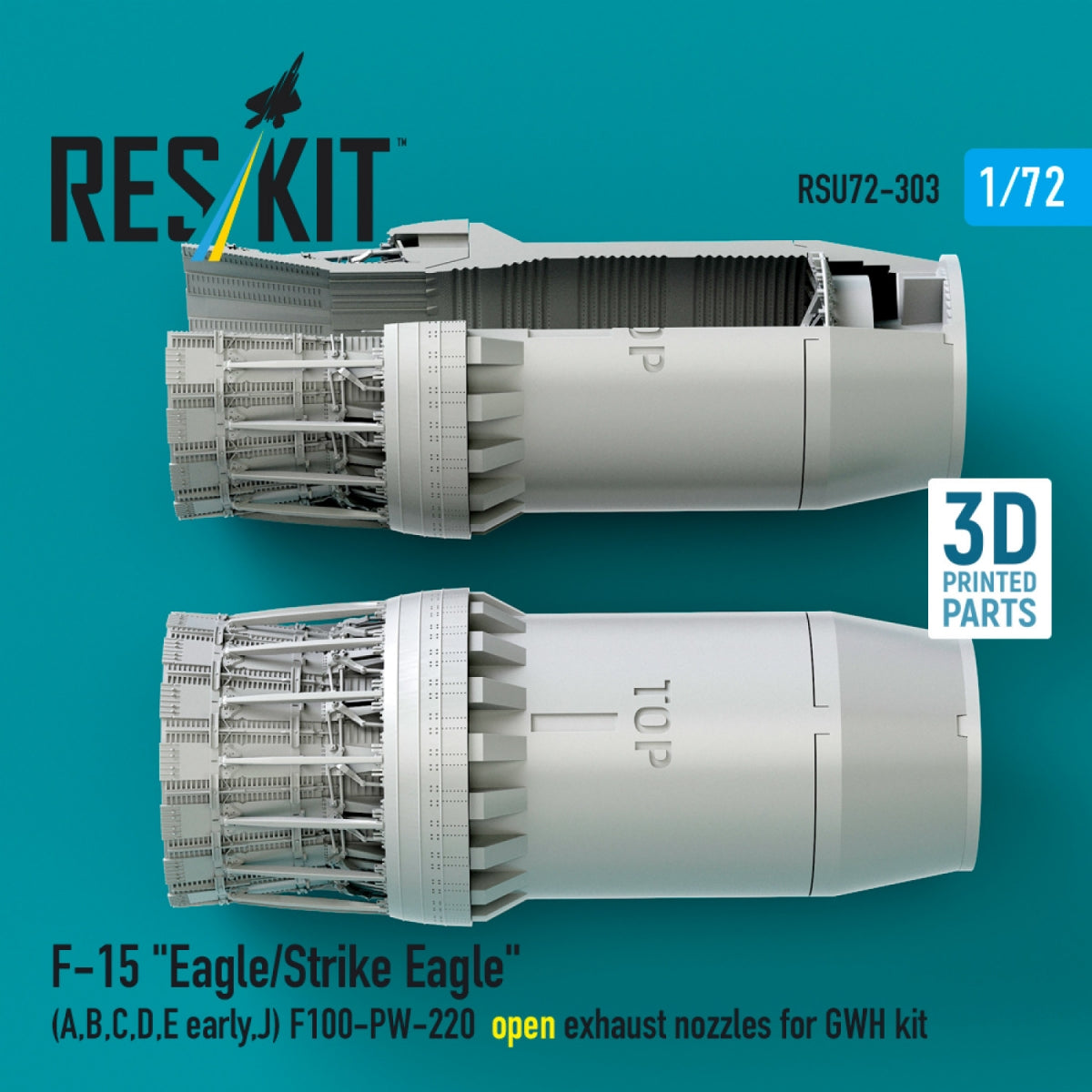 RESKIT RSU72-0303 F-15 "Eagle/Strike Eagle" (A,B,C,D,E early,J) F100-PW-220 open exhaust nozzles for GWH kit (3D Printed) 1/72