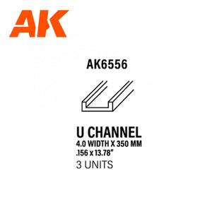 AK Interactive AK6556 PROFILÉ EN U 4.0 LARGEUR X 350MM – PROFILÉ EN U EN STYRÈNE – (3 UNITÉS)