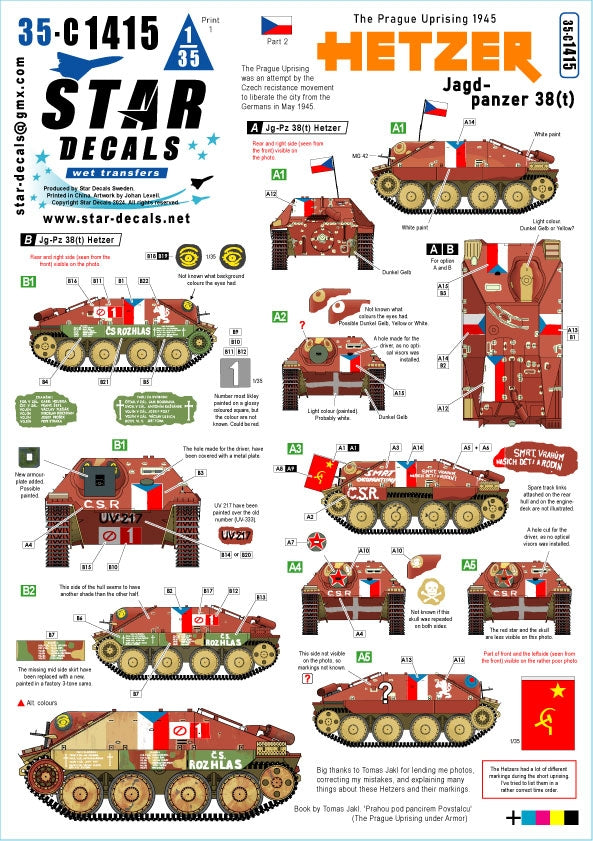 Star Decals 35-C1415 Hetzer - Jagdpanzer 38(t). The Prague Uprising 1945 # 2. The Prague Uprising was an attempt by the Czech resistance movement to liberate the city from the Germans in May 1945 1/35
