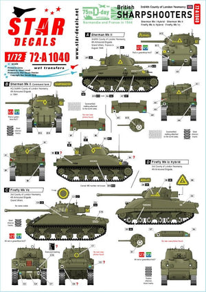 Star Decals 72-A1040 Tireurs d&amp;#39;élite britanniques, 75e régiment spécial du Débarquement. Chars Sherman du 3e/4e régiment de cavalerie du comté de Londres, échelle 1/72.