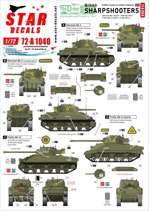 Star Decals 72-A1040 Tireurs d&amp;#39;élite britanniques, 75e régiment spécial du Débarquement. Chars Sherman du 3e/4e régiment de cavalerie du comté de Londres, échelle 1/72.