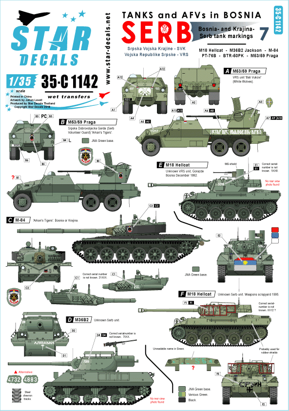 Star Decals 35-C1142 Serbes (SVK et VRS) M18 Hellcat, M36B2 Jackson, M84, PT-76B, BTR-50PK, M53/59 Praga SPAAG 1/35