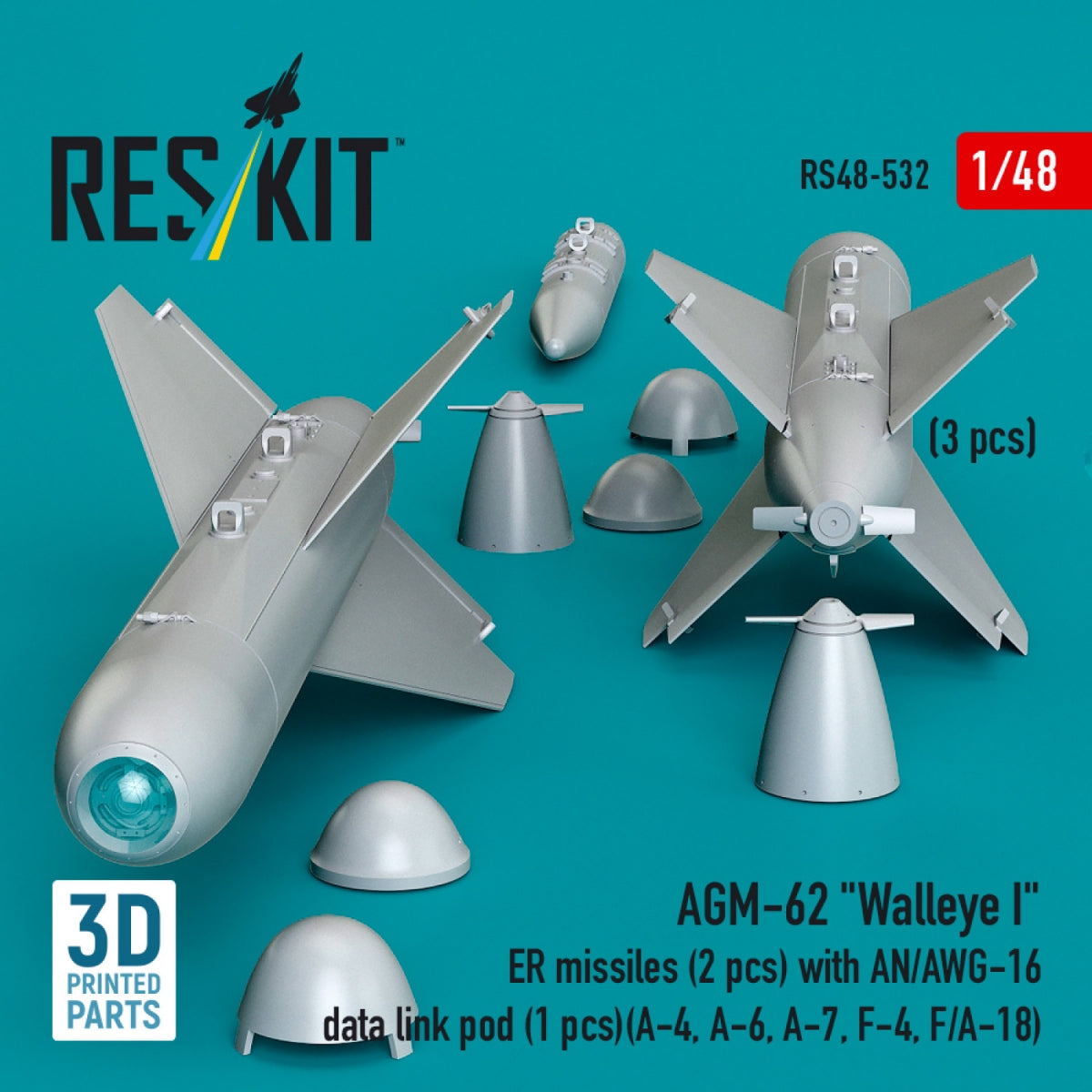 RESKIT RS48-0532 AGM-62 "Walleye I" ER missiles (2 pcs) with AN/AWG-16 data link pod (1 pcs) (A-4, A-6, A-7, F-4, F/A-18) (3D Printed) 1/48