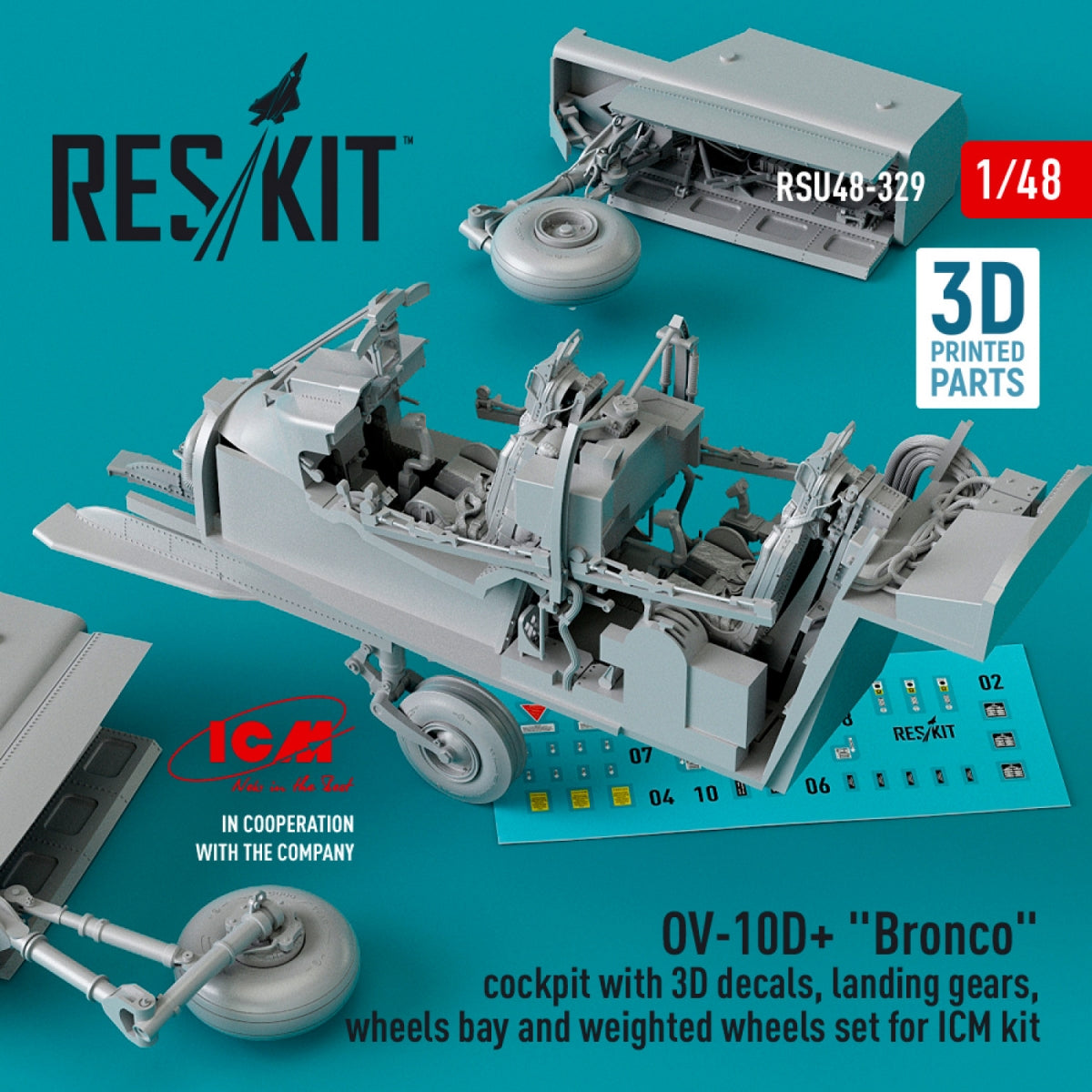 RESKIT RSU48-0329 OV-10D+ « BRONCO » COCKPIT AVEC DÉCALCOMANIES 3D, TRAIN D&amp;#39;ATTERRISSAGE, BAIE DE ROUE ET JEU DE ROUE LESTÉ POUR MAQUETTE ICM (IMPRIMÉ EN 3D) 1/48 – Bild 2