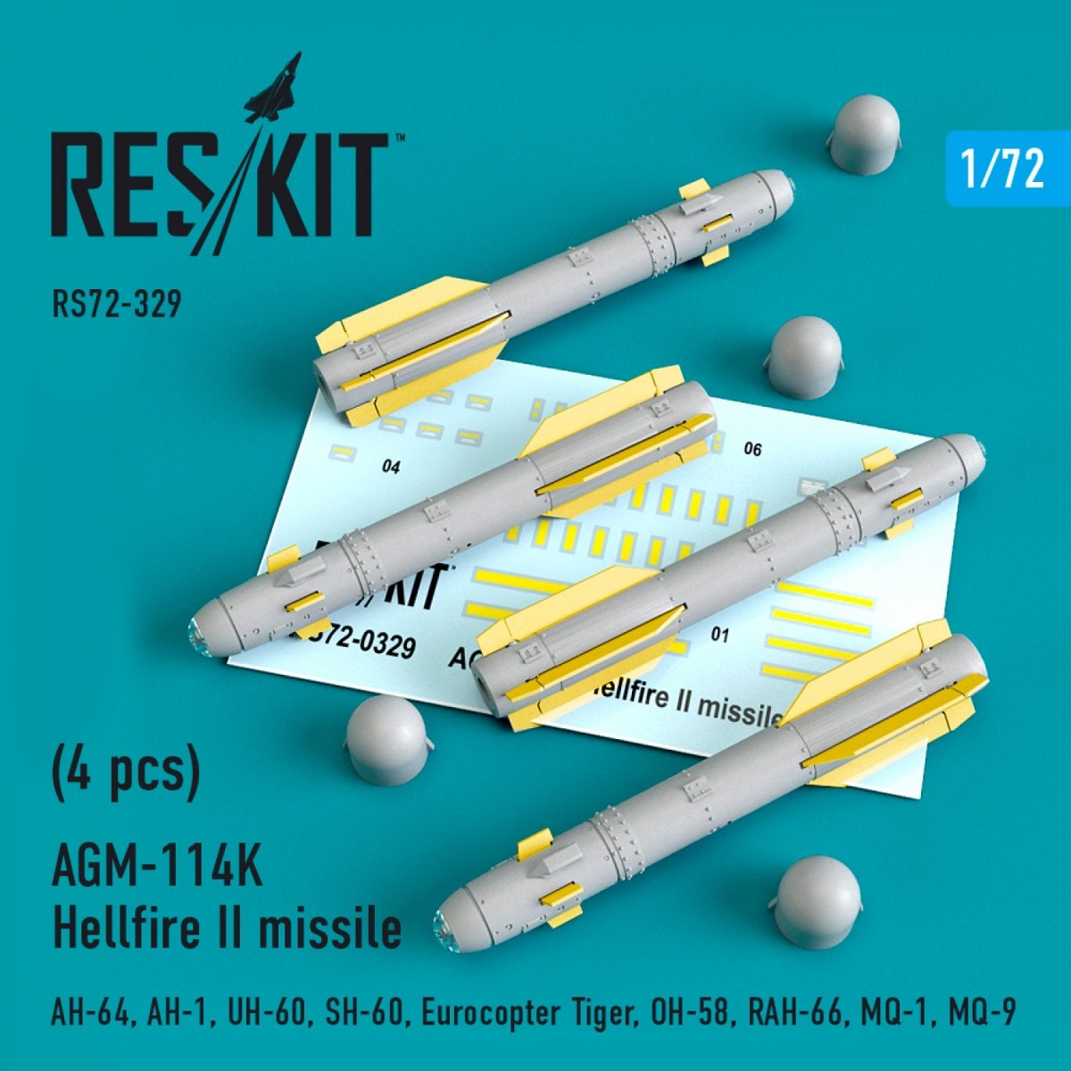 RESKIT RS72-0329 MISSILES AGM-114K HELLFIRE II (4 PIÈCES) 1/72