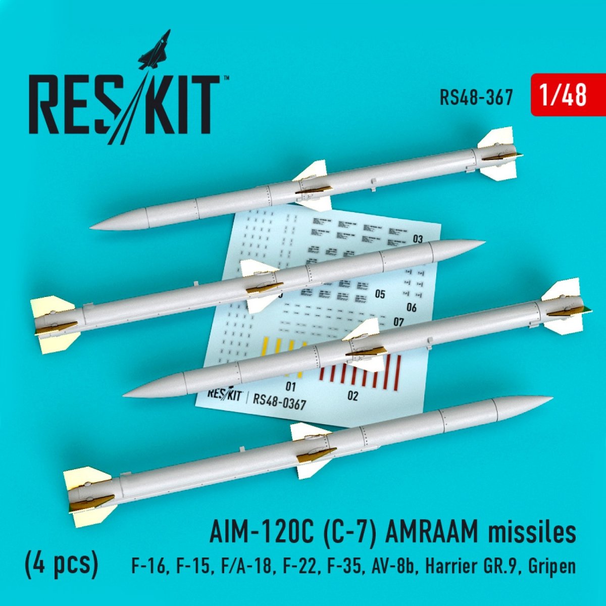 RESKIT RS48-0367 AIM-120C (C-7) MISSILES AMRAAM (4 PIÈCES) 1/48