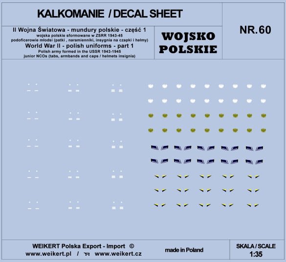 Weikert Decals DEC260 Polish uniforms - tabs, shoulder boards, insignia for caps and helmets - part 1 - vol.60 1/35