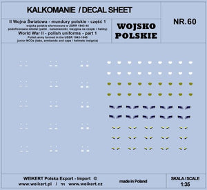 Décalcomanies Weikert DEC260 Uniformes polonais - pattes de boutonnage, épaulettes, insignes pour casquettes et casques - partie 1 - vol. 60 1/35