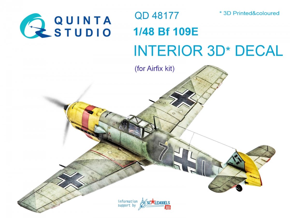 Intérieur imprimé en 3D et coloré sur papier décalcomanie Quinta Studio QD48177 Bf 109E (pour maquette Airfix) au 1/48
