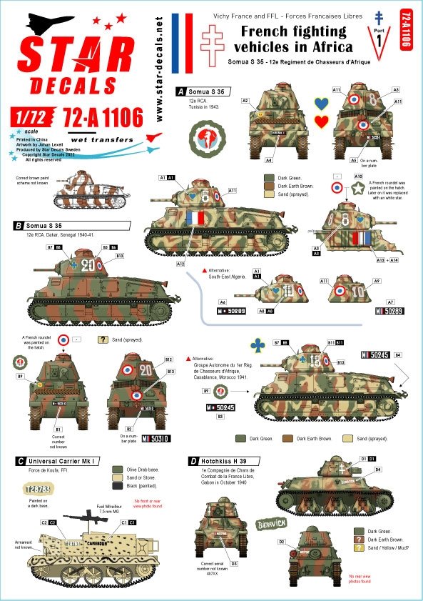 Star Decals 72-A1106 Véhicules de combat français en Afrique n° 1 La France de Vichy et les FFL - Forces Françaises Libres 1/72