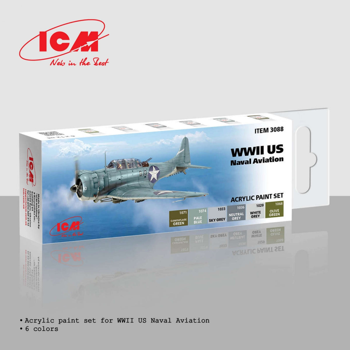 Kit de peinture acrylique ICM 3088 pour l'aviation navale américaine de la Seconde Guerre mondiale, 12 ml x 6