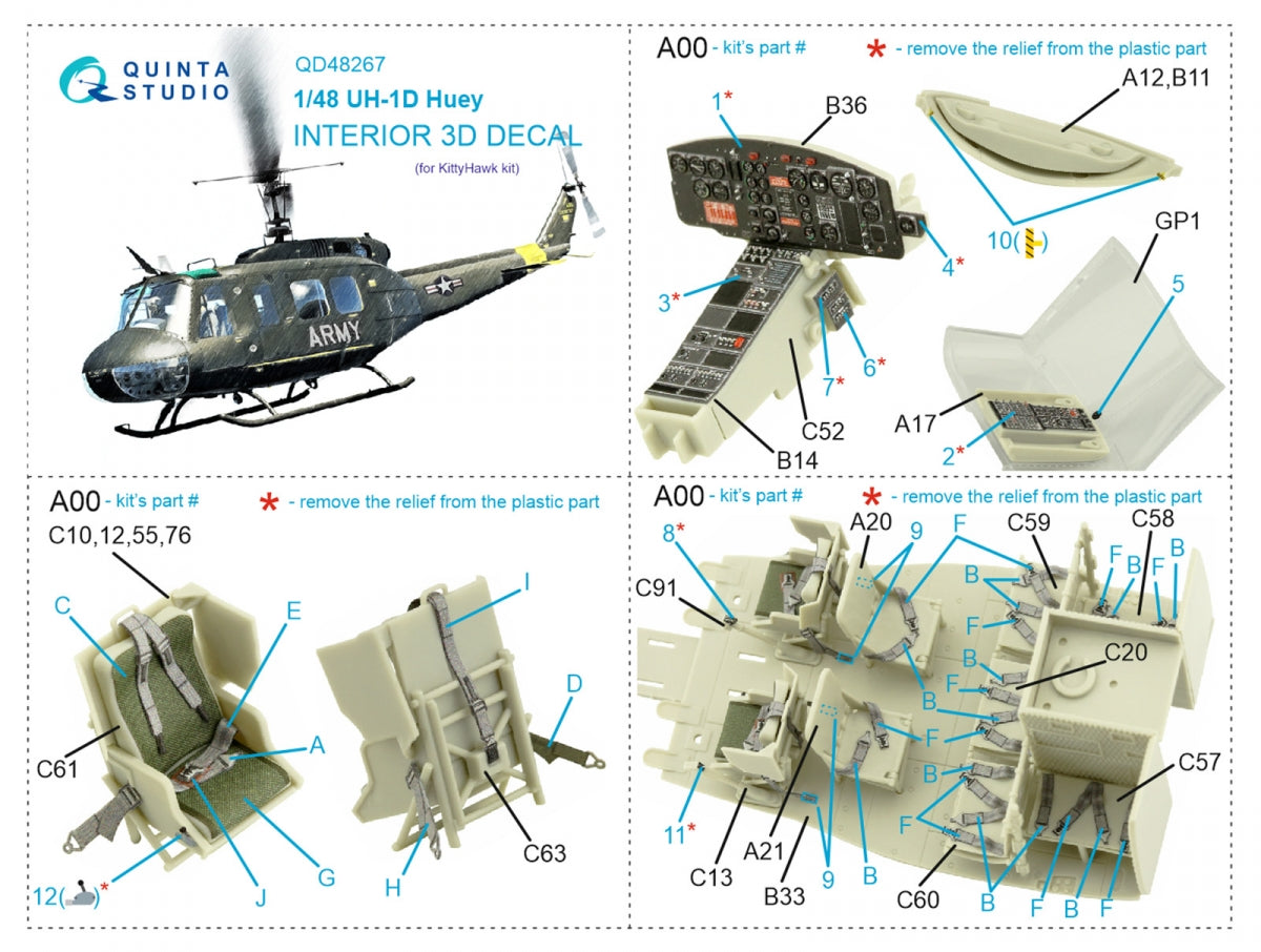 Intérieur coloré imprimé en 3D sur papier décalcomanie Quinta Studio QD48267 UH-1D (KittyHawk) 1/48 – imagen 2
