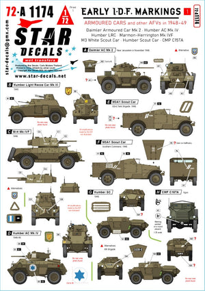 Star Decals 72-A1174 Marquages ​​des premiers véhicules de Tsahal n° 1. Véhicules blindés israéliens (1948-1949) : Daimler AC Mk 2, Humber AC Mk IV, Humber LRC, Marmon-Herrington Mk IVF, M3 White Scout Car, Humber SC, CMP C15TA. Échelle : 1/72