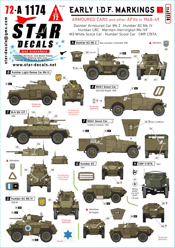 Star Decals 72-A1174 Marquages ​​des premiers véhicules de Tsahal n° 1. Véhicules blindés israéliens (1948-1949) : Daimler AC Mk 2, Humber AC Mk IV, Humber LRC, Marmon-Herrington Mk IVF, M3 White Scout Car, Humber SC, CMP C15TA. Échelle : 1/72