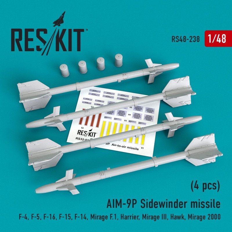 RESKIT RS48-0238 Missile AIM-9P Sidewinder (4 pièces) 1/48