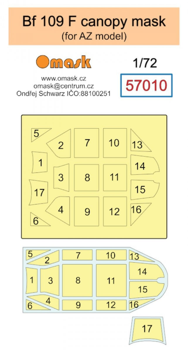 Masque de verrière Omask 57010 pour Bf 109 F (pour AZ) au 1/72