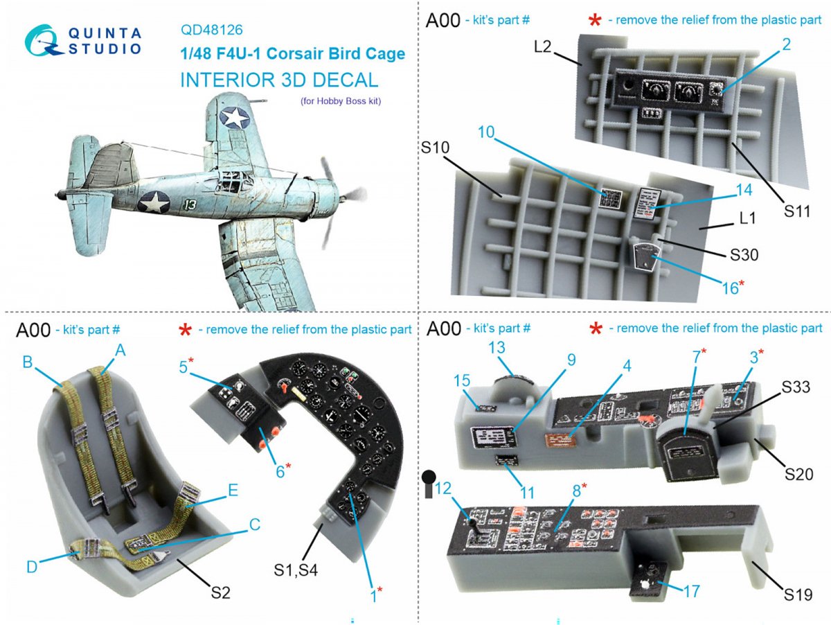 Quinta Studio QD48126 F4U-1 Corsair (Birdcage) 3D-Printed &amp;amp; coloured Interior on decal paper (Hobby Boss) 1/48 – zdjęcie 8