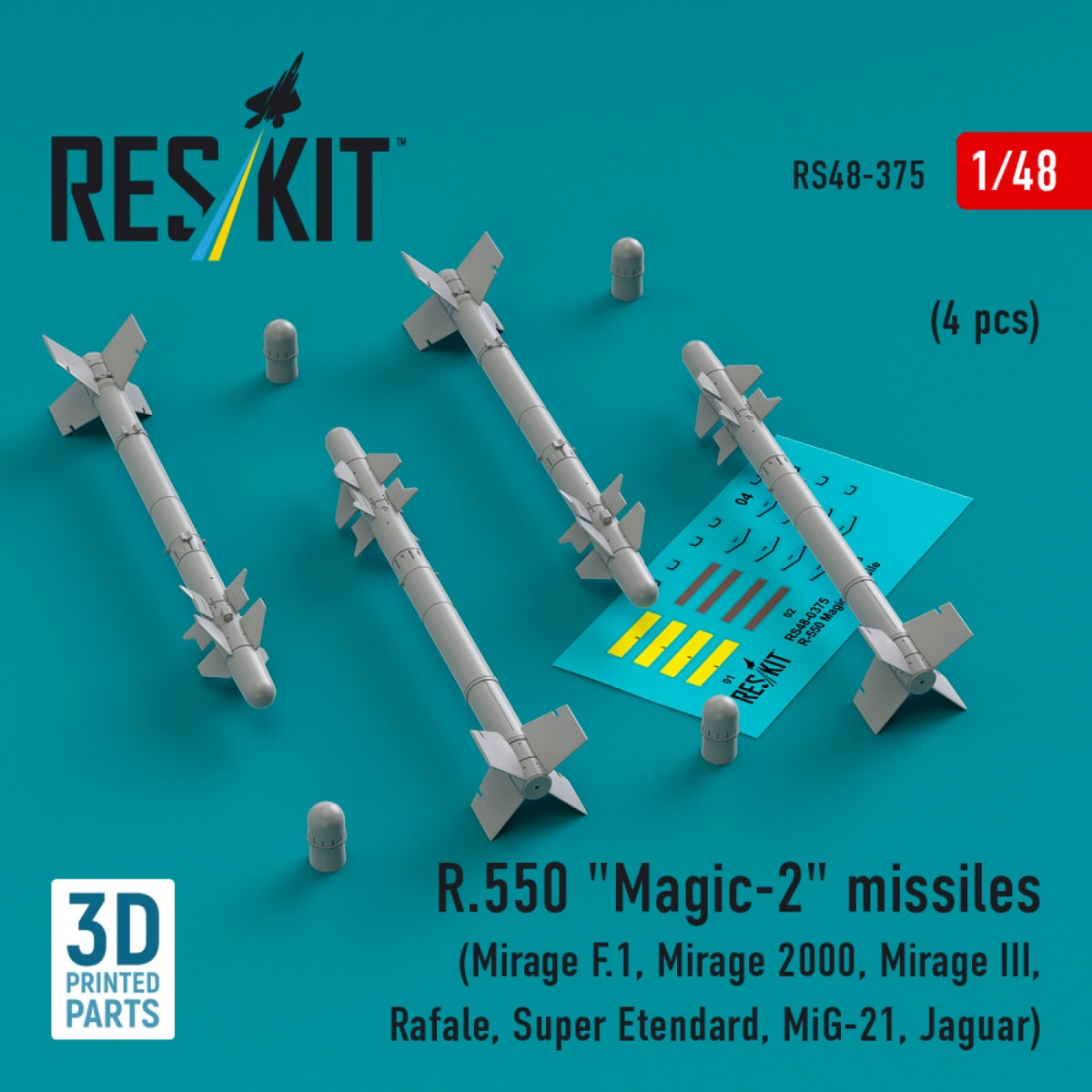 RESKIT RS48-0375 Missiles R.550 « Magic-2 » (4 pièces) (Impression 3D) 1/48
