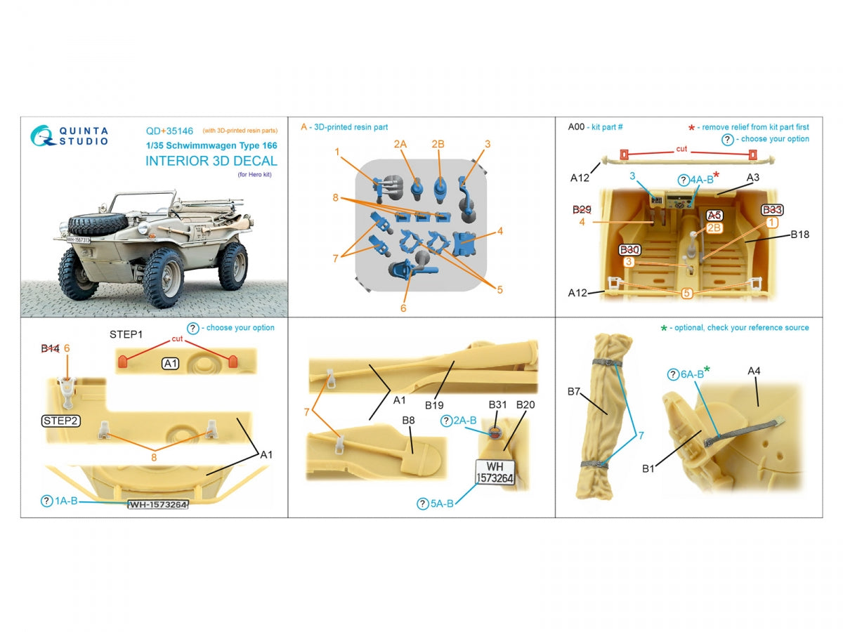 Quinta Studio QD+35146 Schwimmwagen Type 166 3D-Printed &amp; coloured Interior on decal paper (Hero) (with 3D-printed resin parts) 1/35