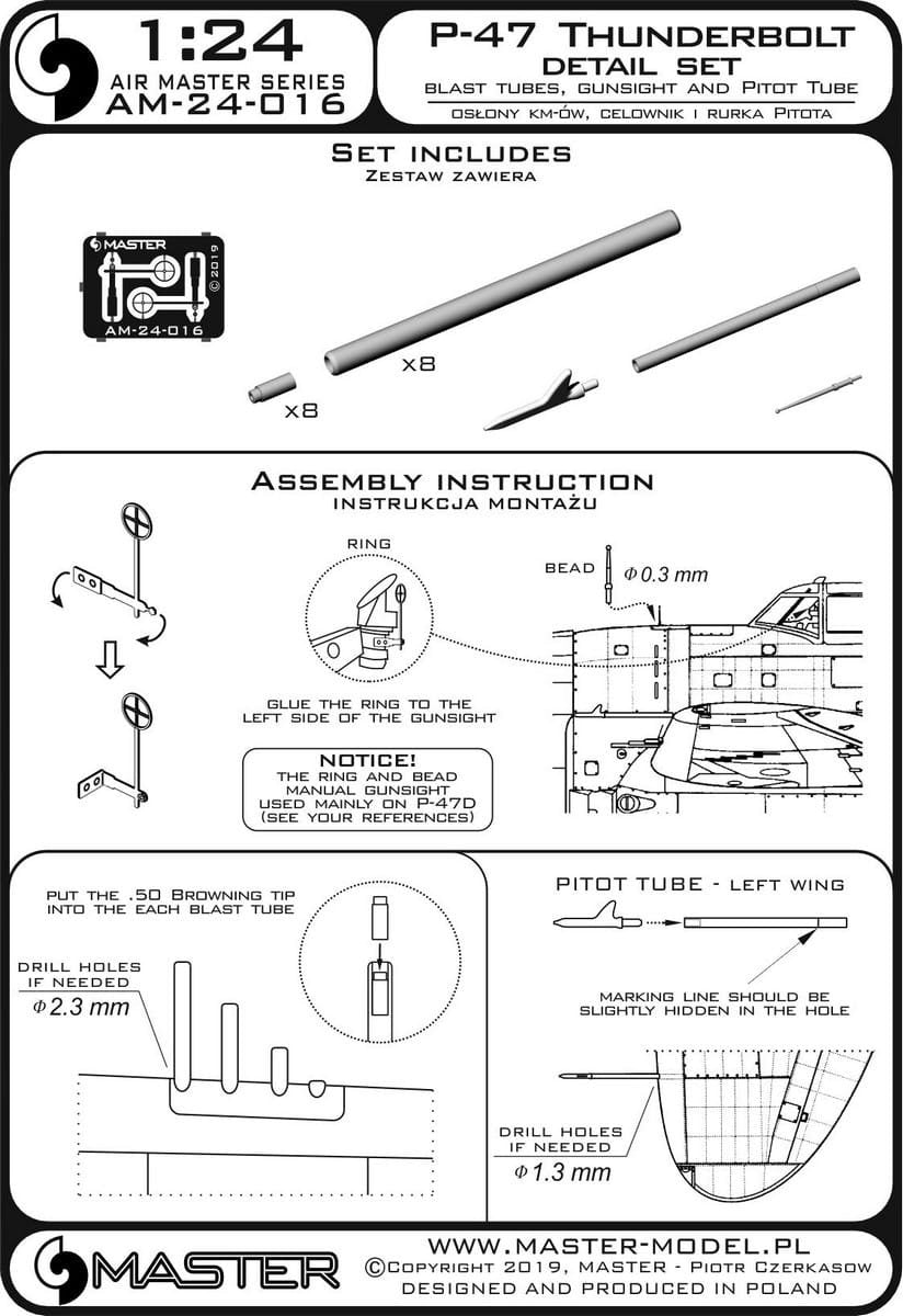 Master AM-24-016 P-47 Thunderbolt - kit de détails - armement, tube de Pitot, viseur 1/24 – immagine 4