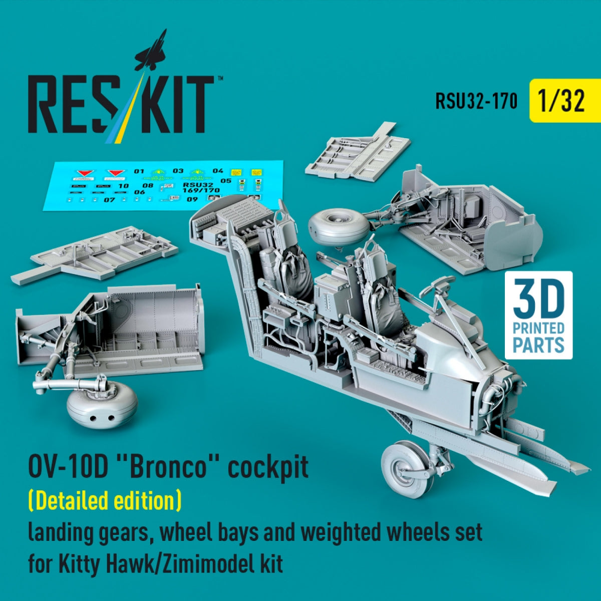 RESKIT RSU32-0170 Cockpit OV-10D « Bronco » (Édition détaillée), train d'atterrissage, puits de roues et jeu de roues lestées pour maquette Kitty Hawk/Zimimodel (Impression 3D) 1/32 