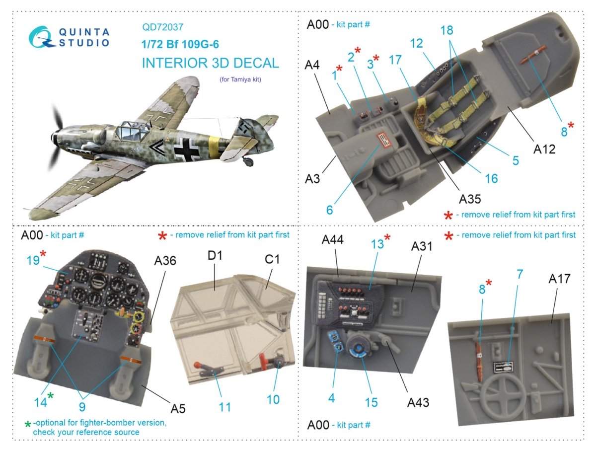 Intérieur imprimé en 3D et coloré sur papier décalcomanie Quinta Studio QD72037 Bf 109 G-6 (Tamiya) 1/72  – image 2