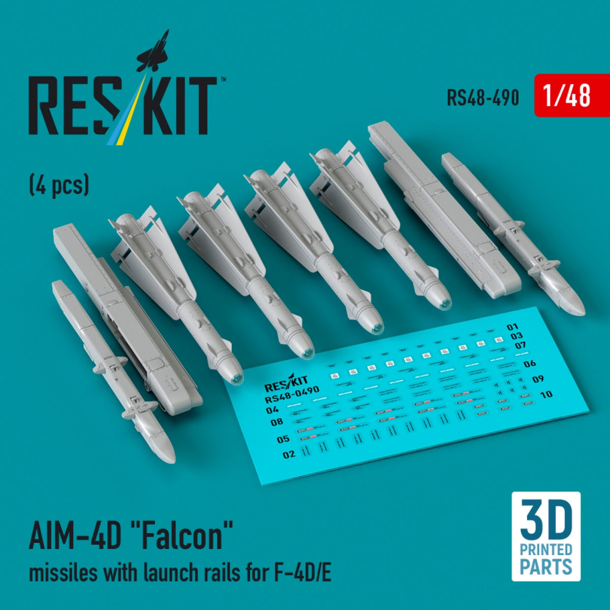 RESKIT RS48-0490 Missiles AIM-4D « Falcon » avec rails de lancement pour F-4D/E (4 pièces) (Impression 3D) 1/48