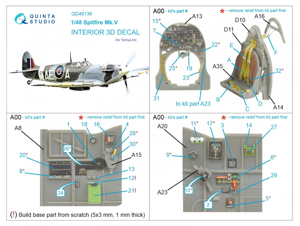 Intérieur imprimé en 3D et coloré sur papier décalcomanie Quinta Studio QD48136 Spitfire Mk.V (Tamiya) 1/48 – image 12
