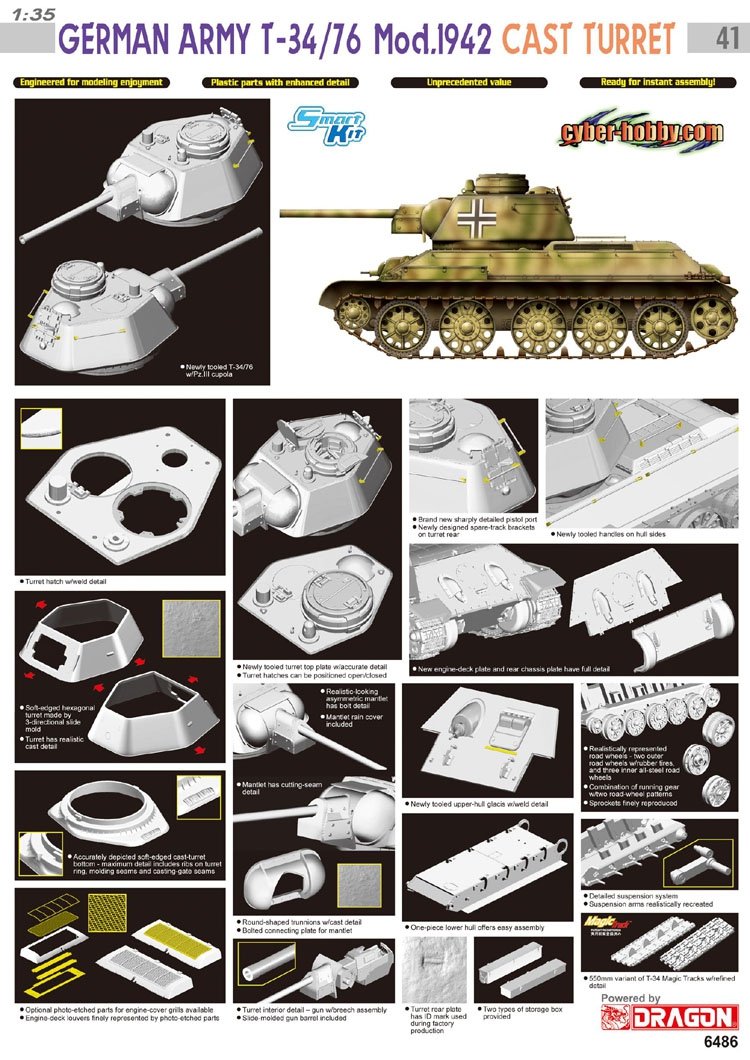 Cyber ​​Hobby 6486 T-34/76 Mod. Armée allemande 1942 Tourelle moulée (1/35) 