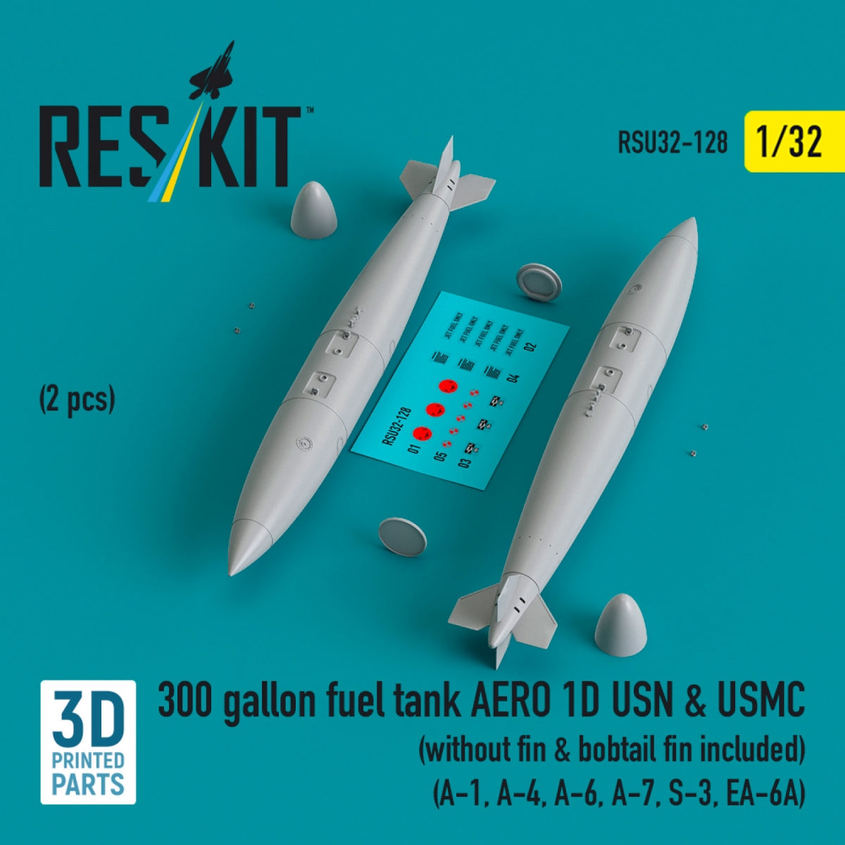 Réservoir de carburant RESKIT RSU32-0128 de 300 gallons pour AERO 1D USN &amp;amp; USMC (2 pièces) (sans aileron et aileron arrière inclus) (Impression 3D) 1/32