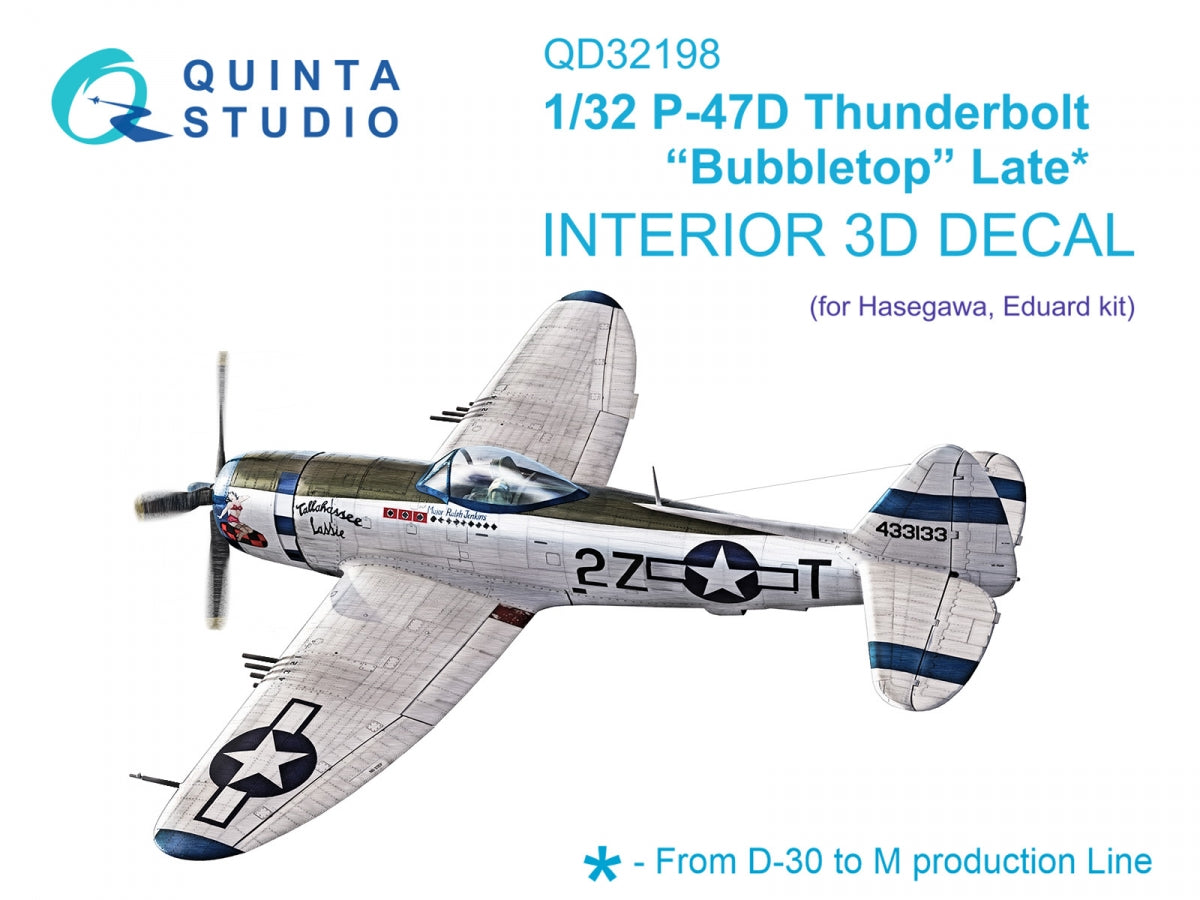 Quinta Studio QD32198 P-47D Thunderbolt Bubbletop Late, intérieur coloré imprimé en 3D sur papier décalcomanie (Hasegawa), échelle 1/32
