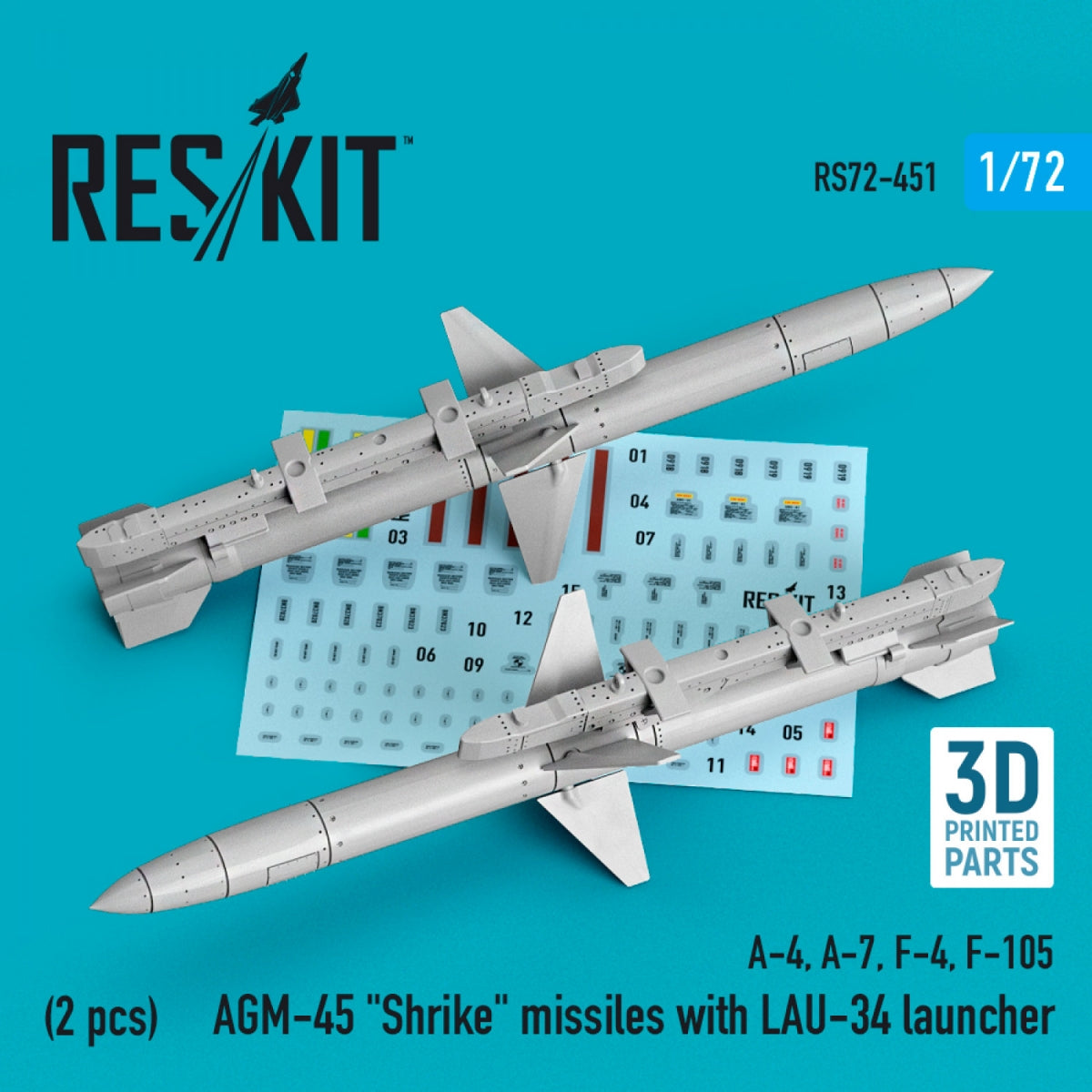 RESKIT RS72-0451 Missiles AGM-45 « SHRIKE » avec lanceur LAU-34 (2 pièces) (Impression 3D) 1/72