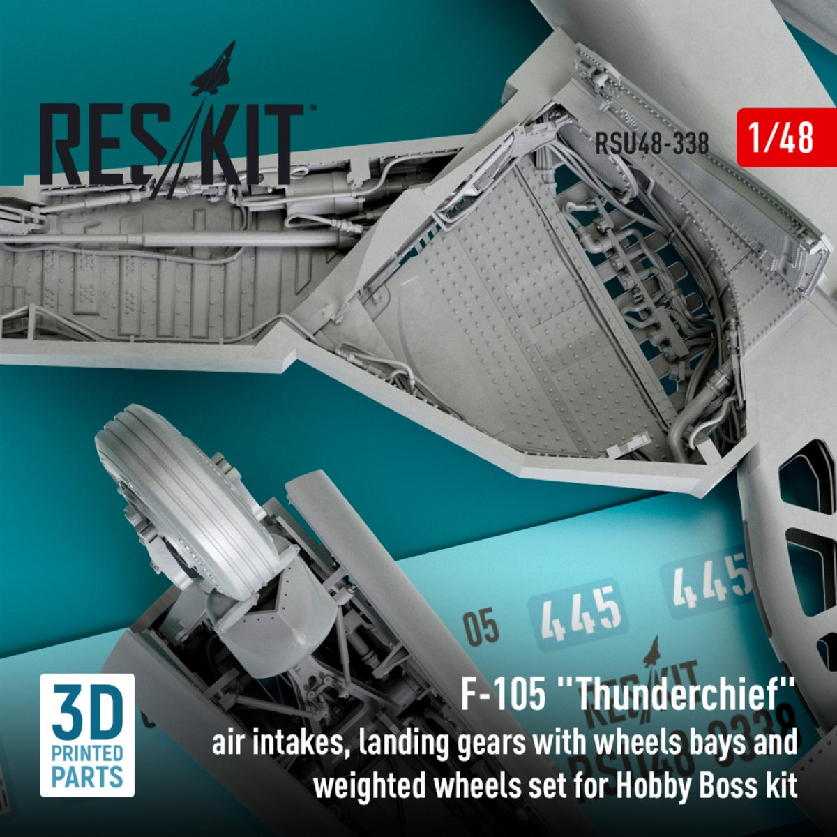 RESKIT RSU48-0338 F-105 Thunderchief : entrées d&amp;#39;air, trains d&amp;#39;atterrissage avec logements de roues et jeu de roues lestées pour maquette Hobby Boss (impression 3D) au 1/48 – Bild 4