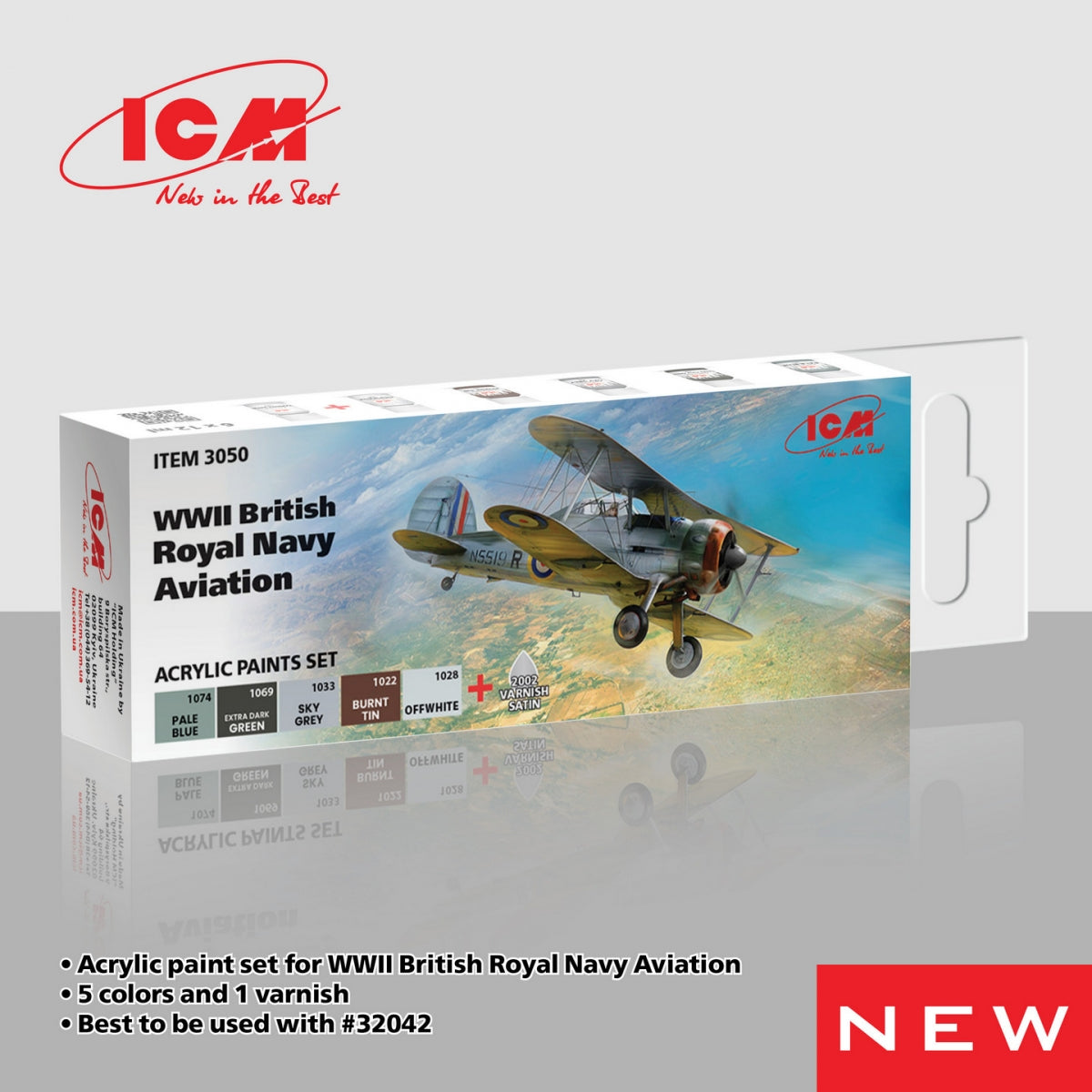 Coffret de 6 peintures acryliques ICM 3050 pour l'aviation de la Royal Navy britannique pendant la Seconde Guerre mondiale (12 ml).