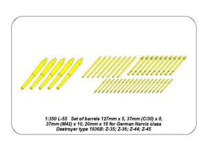 Aber 350L-55 Set of Barrels for Narvic classe destroyers type 1936B: 127mm x 5; 37mm (C/30) x 8; 37mm(M42) x 10; 20mm x 18 1/350 – zdjęcie 3