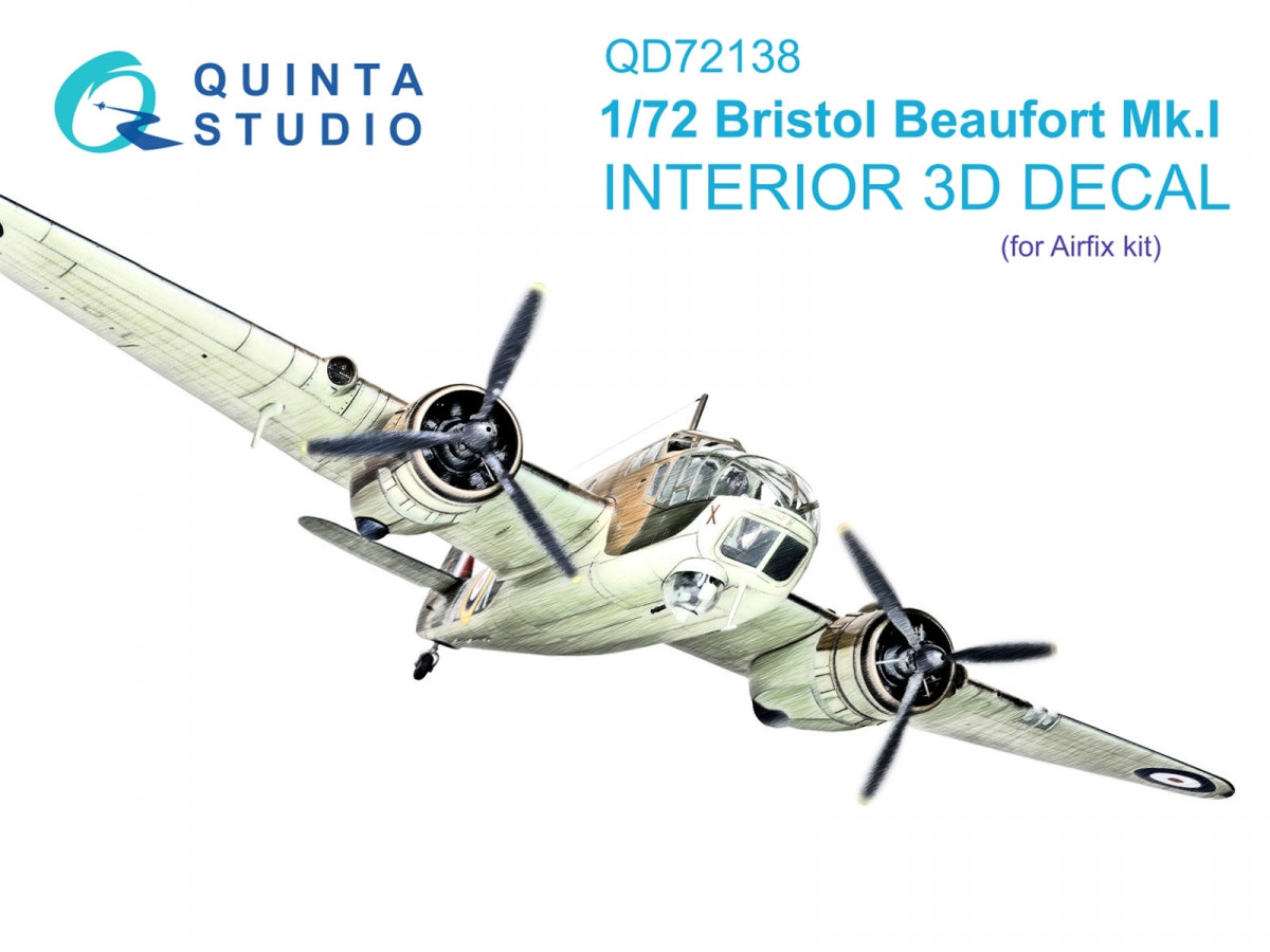 Intérieur coloré imprimé en 3D sur papier décalcomanie Quinta Studio QD72138 Bristol Beaufort Mk.I (Airfix) 1/72