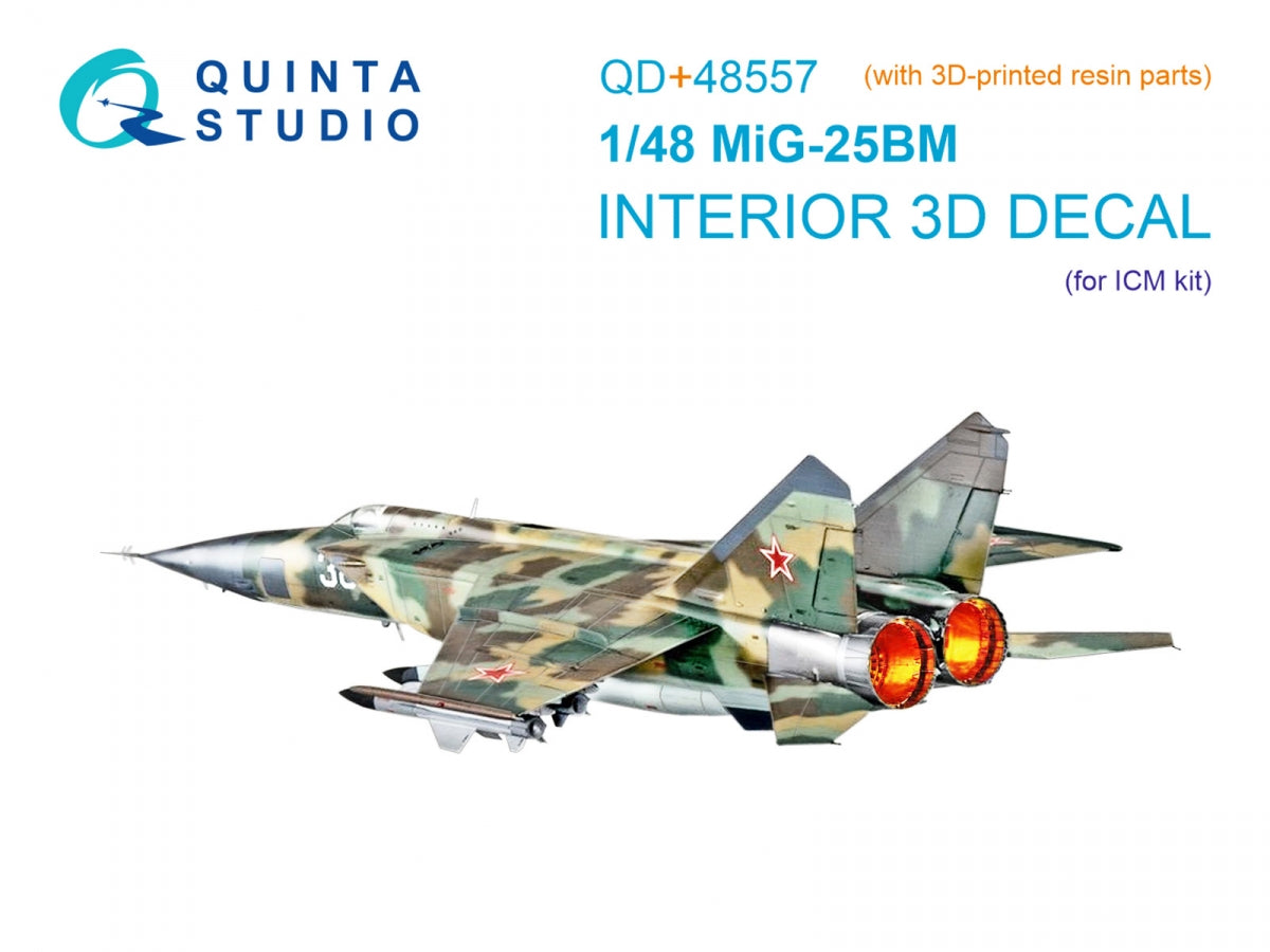 Quinta Studio QD+48557 MiG-25BM Intérieur imprimé en 3D et coloré sur papier décalcomanie (ICM) (avec pièces en résine imprimées en 3D) 1/48