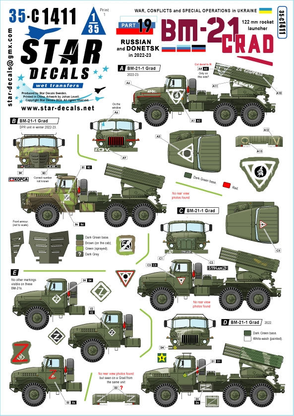 Star Decals 35-C1411 Guerre en Ukraine n° 19. Lance-roquettes BM-21 Grad 122 mm. BM-21 russe et de Donetsk (2022-2023), échelle 1/35.
