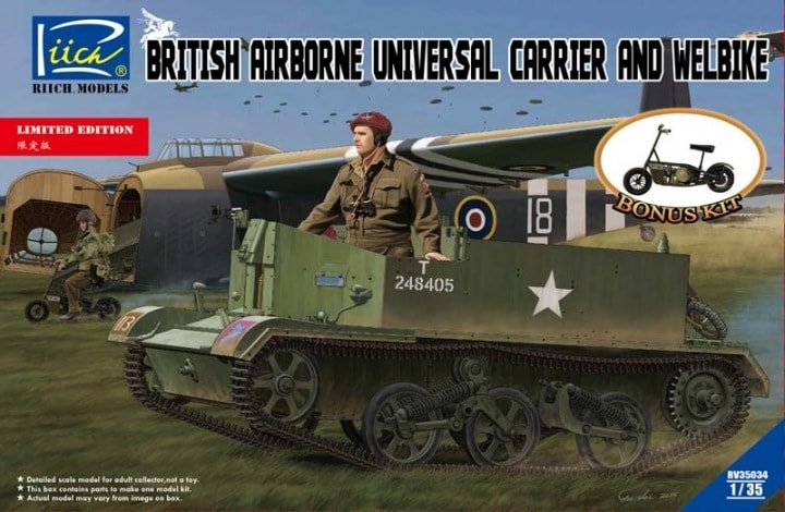 Maquette Rich Models RV35034 Transporteur universel aéroporté britannique et welbike 1/35