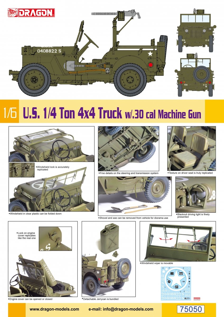 Camion Dragon 75050 US 1/4 Ton 4x4 avec mitrailleuse de calibre .30 à l&amp;#39;échelle 1/6