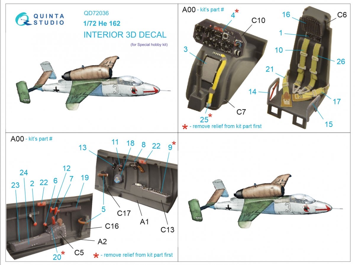 Intérieur imprimé en 3D et coloré sur papier décalcomanie Quinta Studio QD72036 He 162 (Special Hobby) 1/72 – image 11